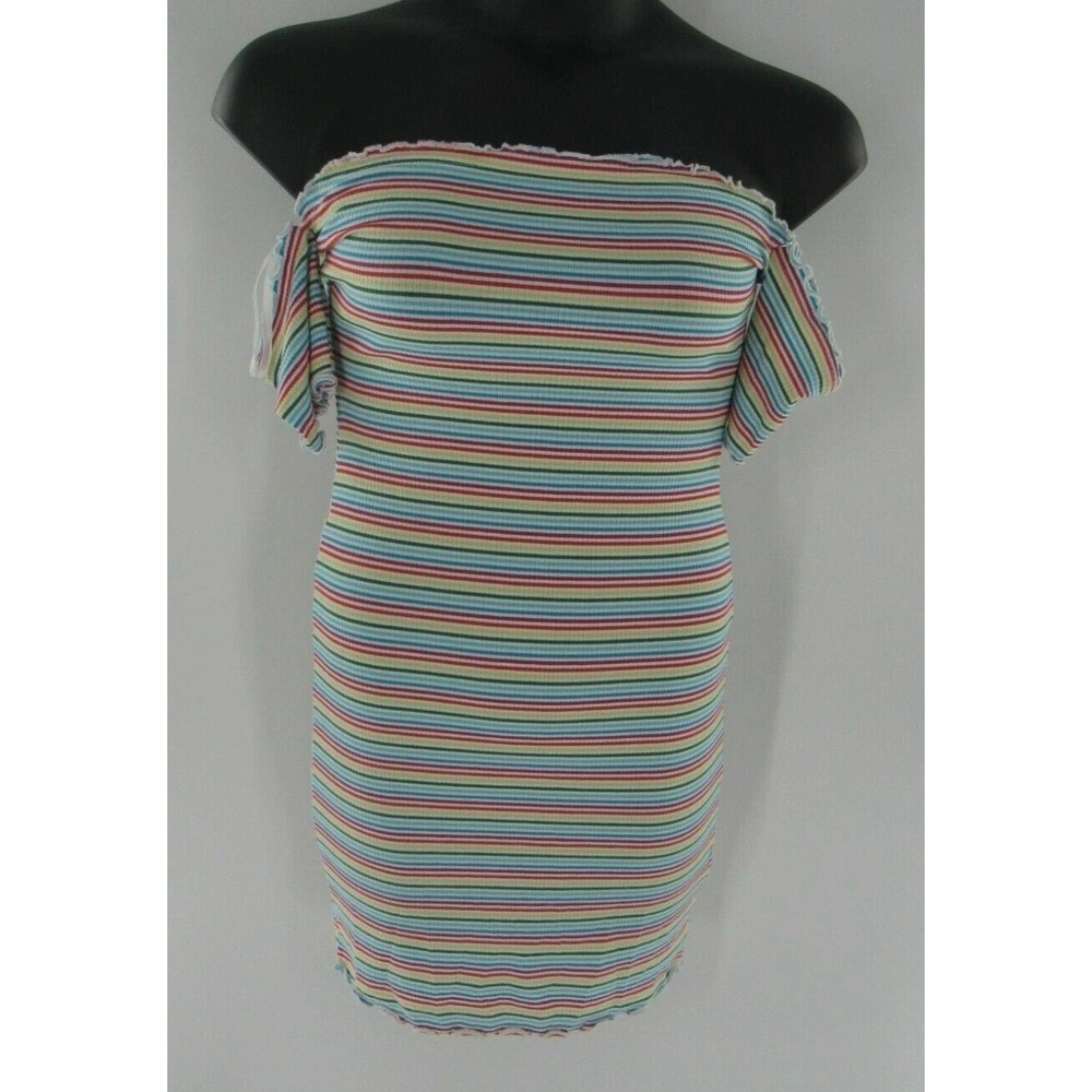 Women's Rainbow Striped Off Shoulder Dress Retro Y2K Size: Large Brand New!